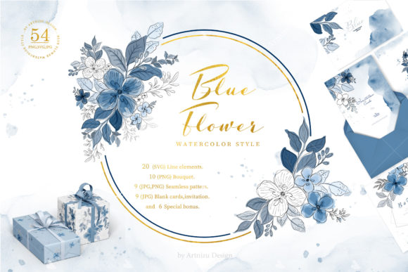 Blue Flower Watercolor Style Graphics and Illustrations