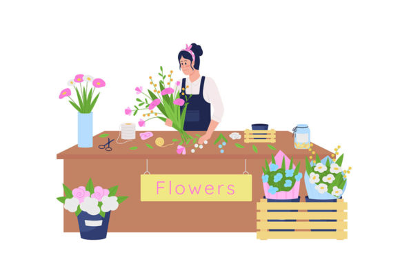 Female Caucasian Florist Making Bouguet Graphics and Illustrations