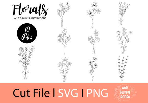 Florals Bundle, Hand Drawn, 10 SVG PNG Graphics and Illustrations