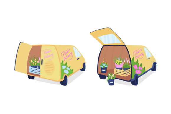 Flower Delivery Vans Flat Object Set Graphics and Illustrations